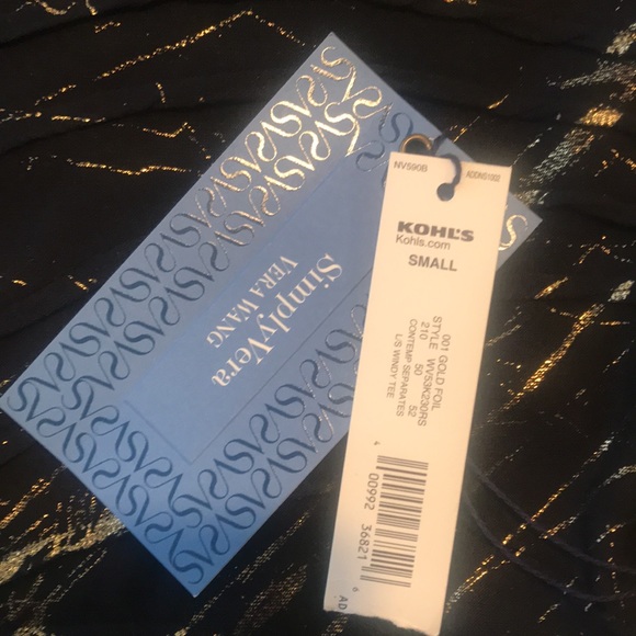 Simply Vera Vera Wang Black/Gold Long Sleeve Top. Slight High/Low. Sz SM. NWT. - Picture 4 of 5